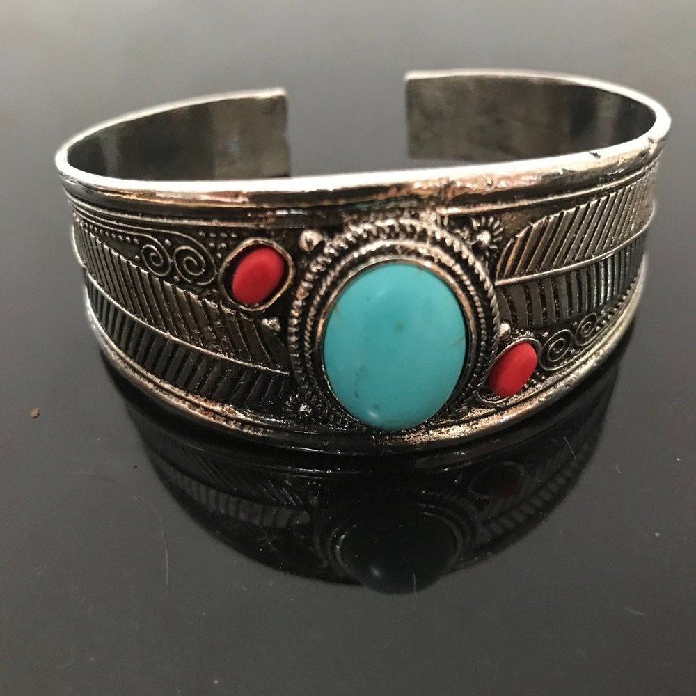 Turquoise Silver Cuff Bracelet Southwestern Coral Mens Mans Western Coral Red - Picture 2 of 8